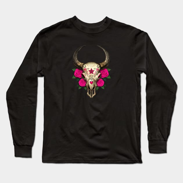 Bull Sugar Skull with Pink Roses Long Sleeve T-Shirt by jeffbartels